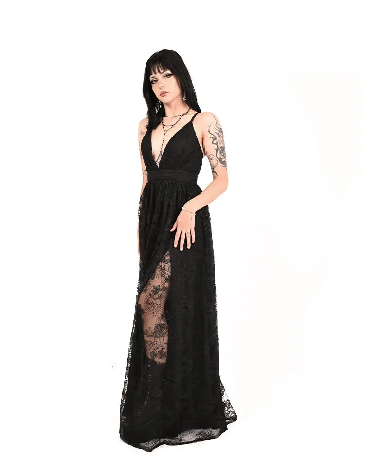 Double high slit detail on Sacred Glamour gothic gown