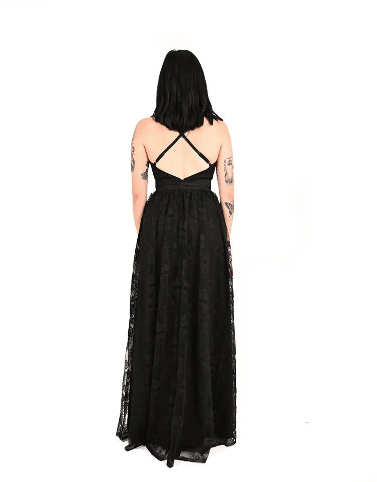 Back view of Sacred Glamour gown with sheer lace layer
