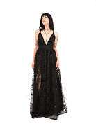 Black sacred heart lace evening gown with sheer overlay