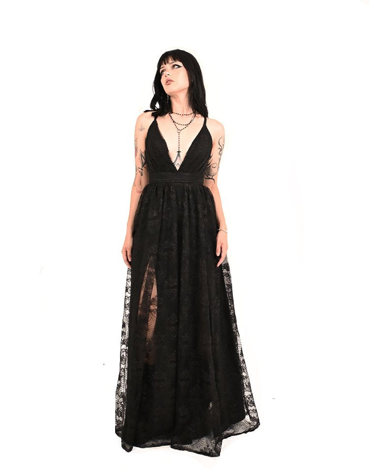 Black sacred heart lace evening gown with sheer overlay