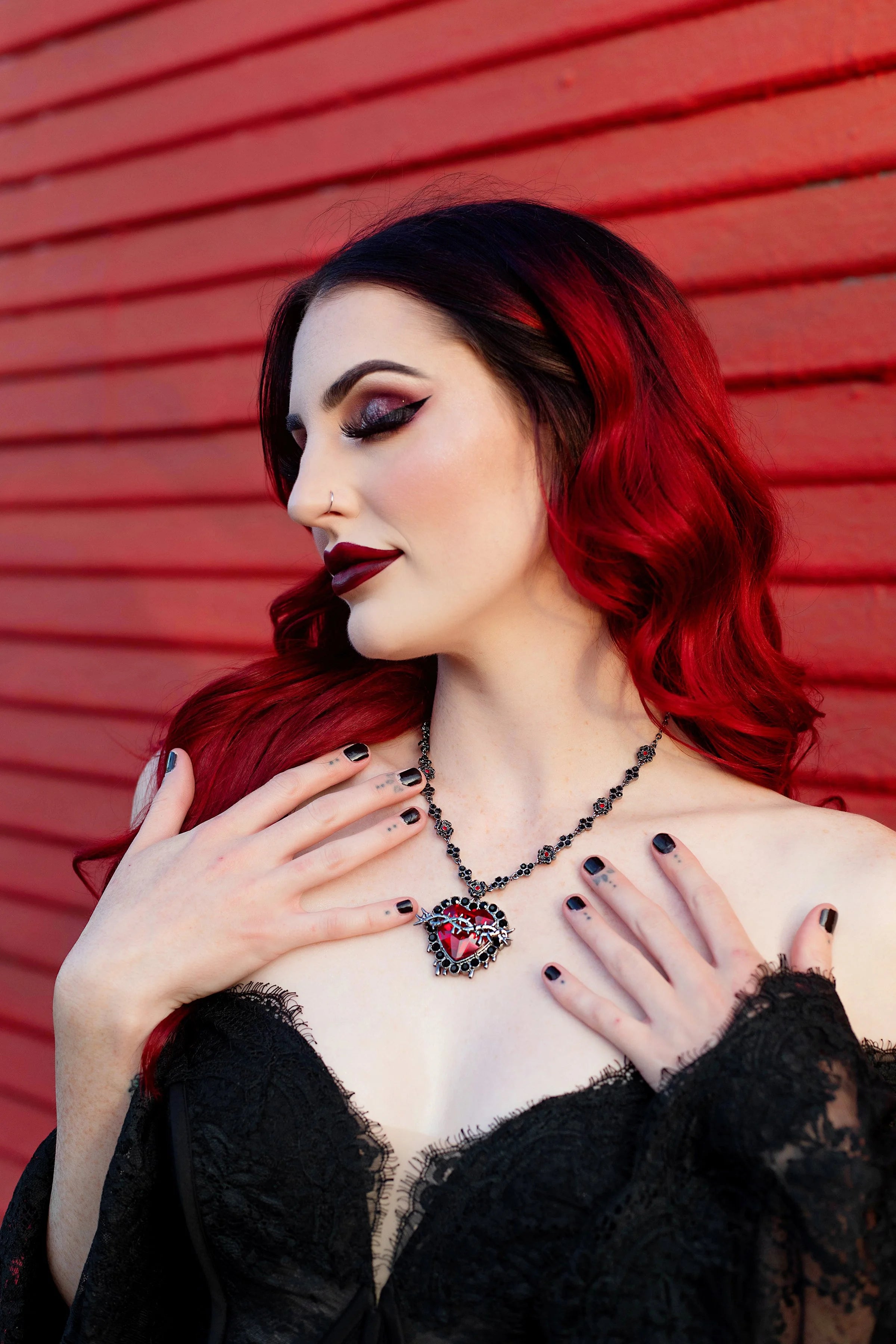 Sacred Heart ruby necklace styled with gothic fashion outfit