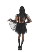 Full back view of black Vixen dress by Bête Noire with layered tulle skirt and dramatic silhouette