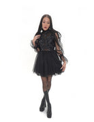 Black Vixen dress by Bête Noire with sheer lace bodice and layered tulle skirt, front view