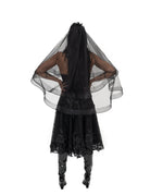Back view of black gothic wedding veil with long soft tulle layers
