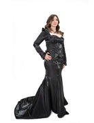 black satin gown pointed shoulders side angle