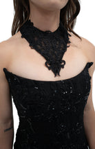black lace gothic collar necklace with pointed front detail worn on model