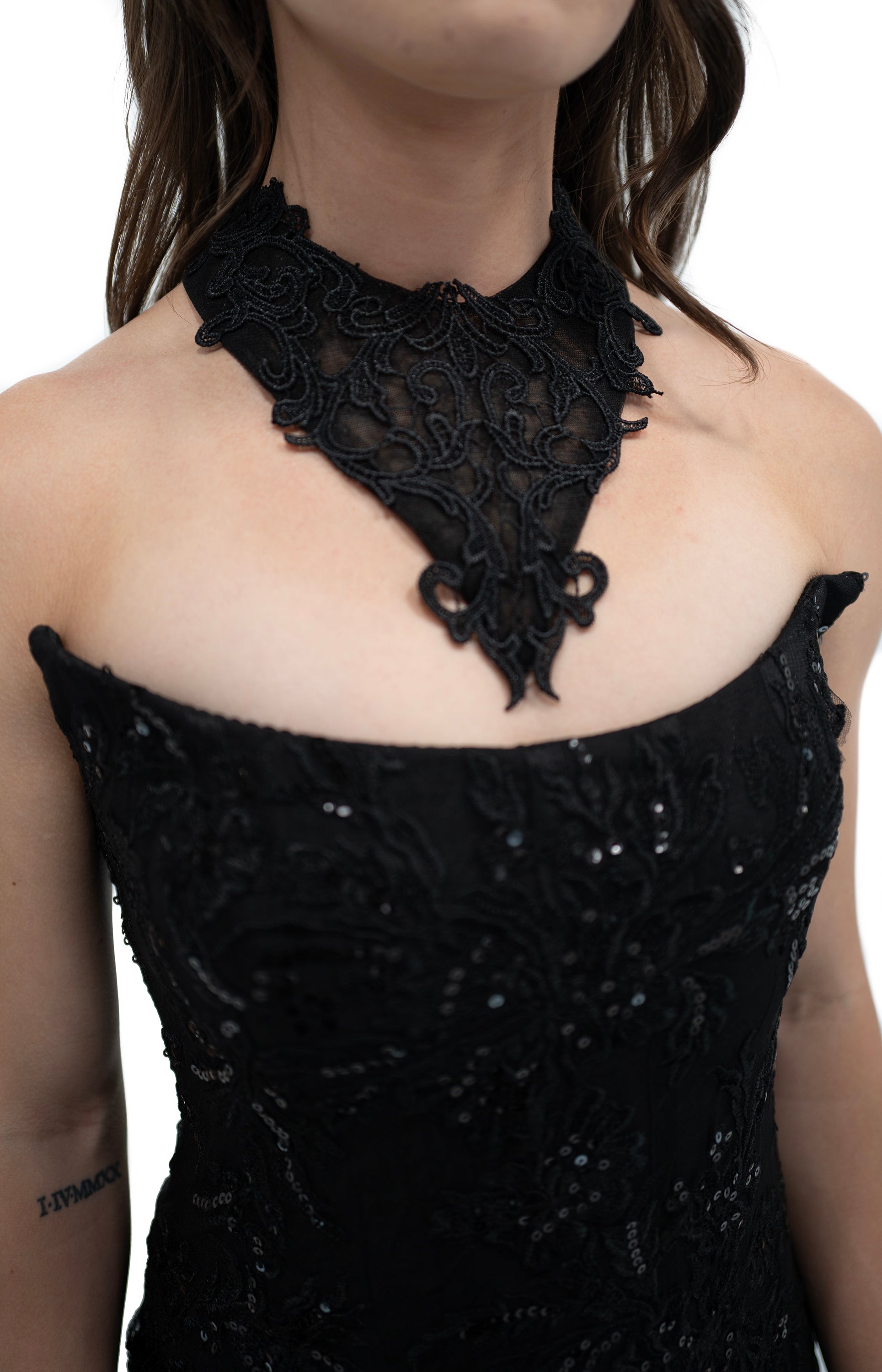 black lace gothic collar necklace with pointed front detail worn on model