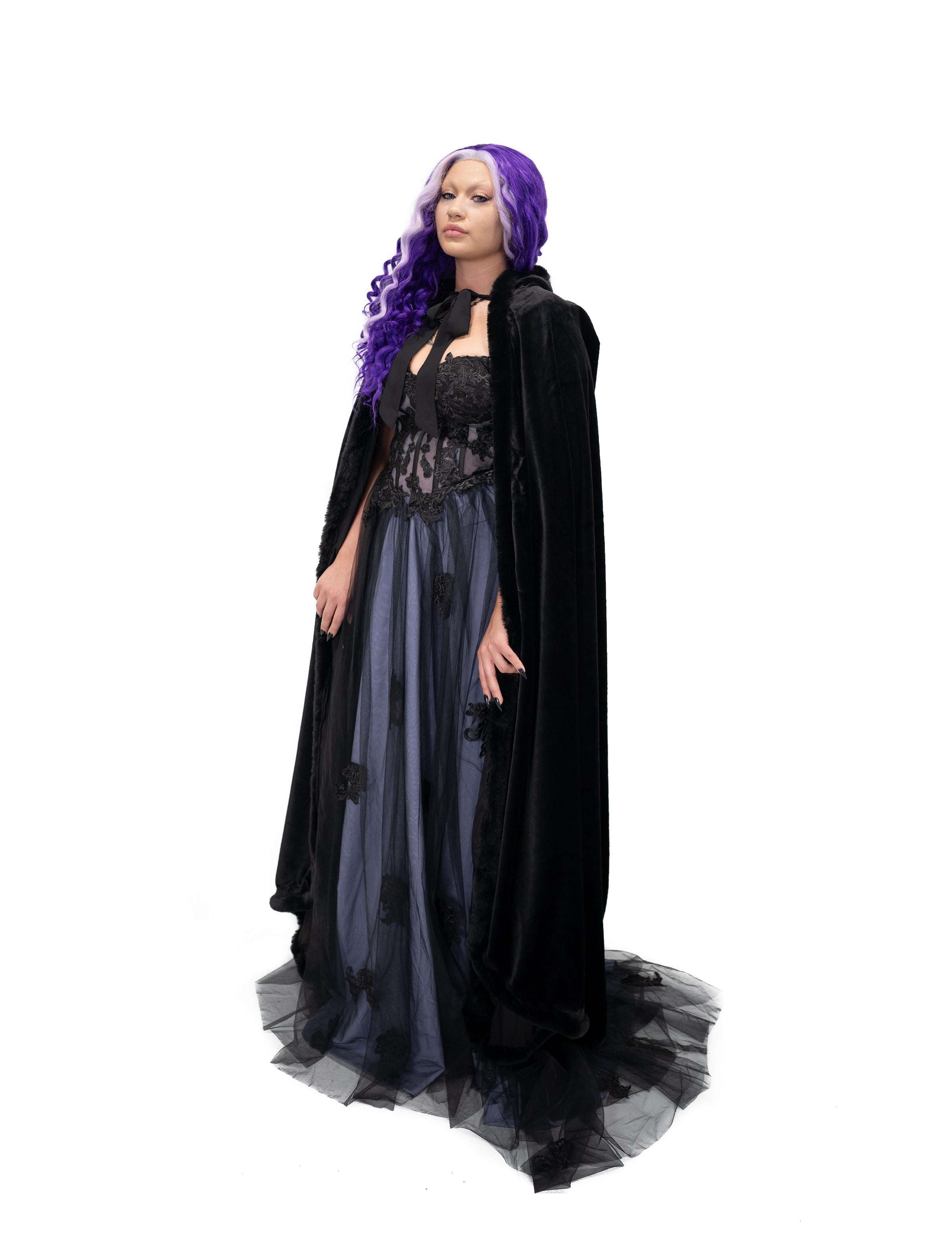 Full length black velvet hooded cape with fur trim, worn closed, gothic formal look