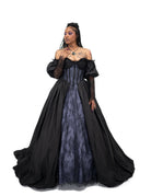 Ophelia gown by Bête Noire, black and deep purple gothic wedding dress with corset bodice and full skirt front view