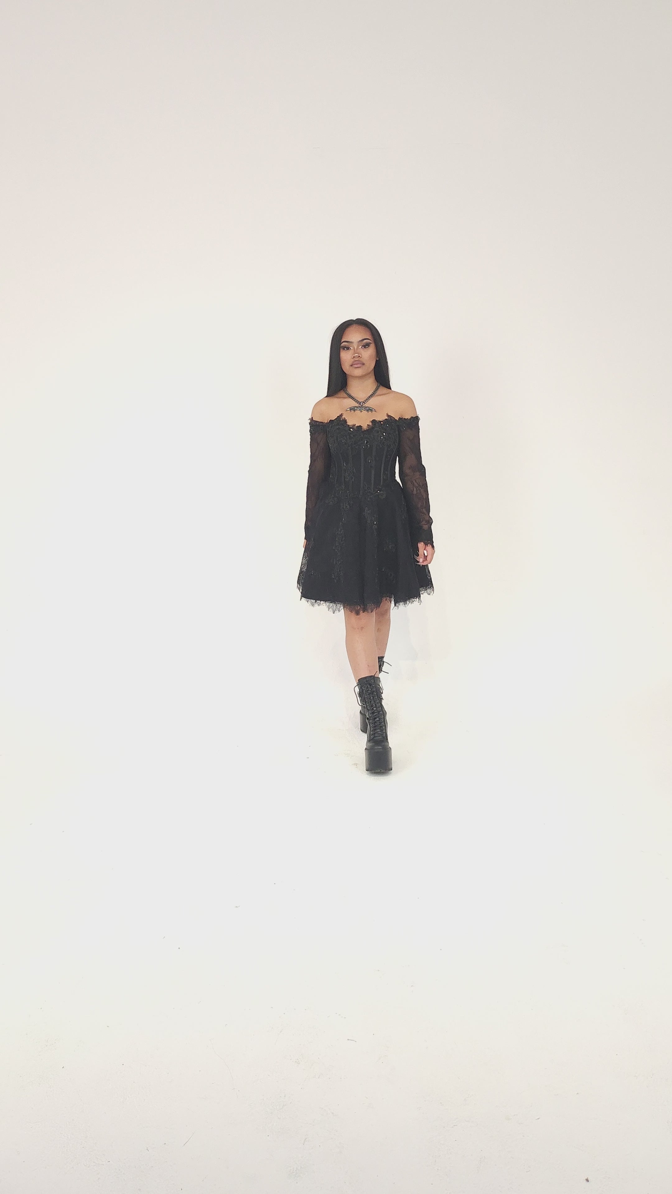 Nocturne gothic mini dress styled with alternative fashion look