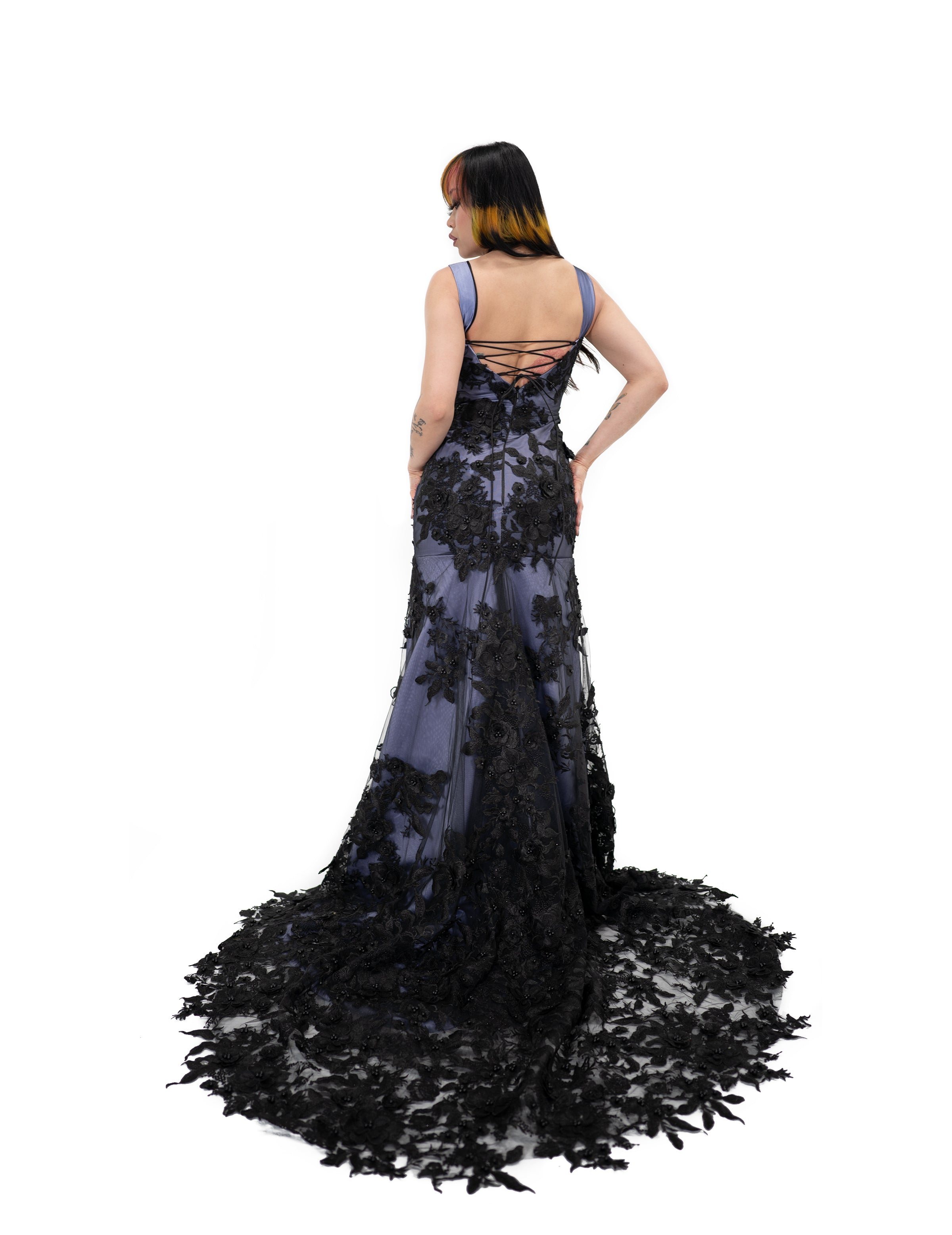 Thorne gown black and purple lace train back view
