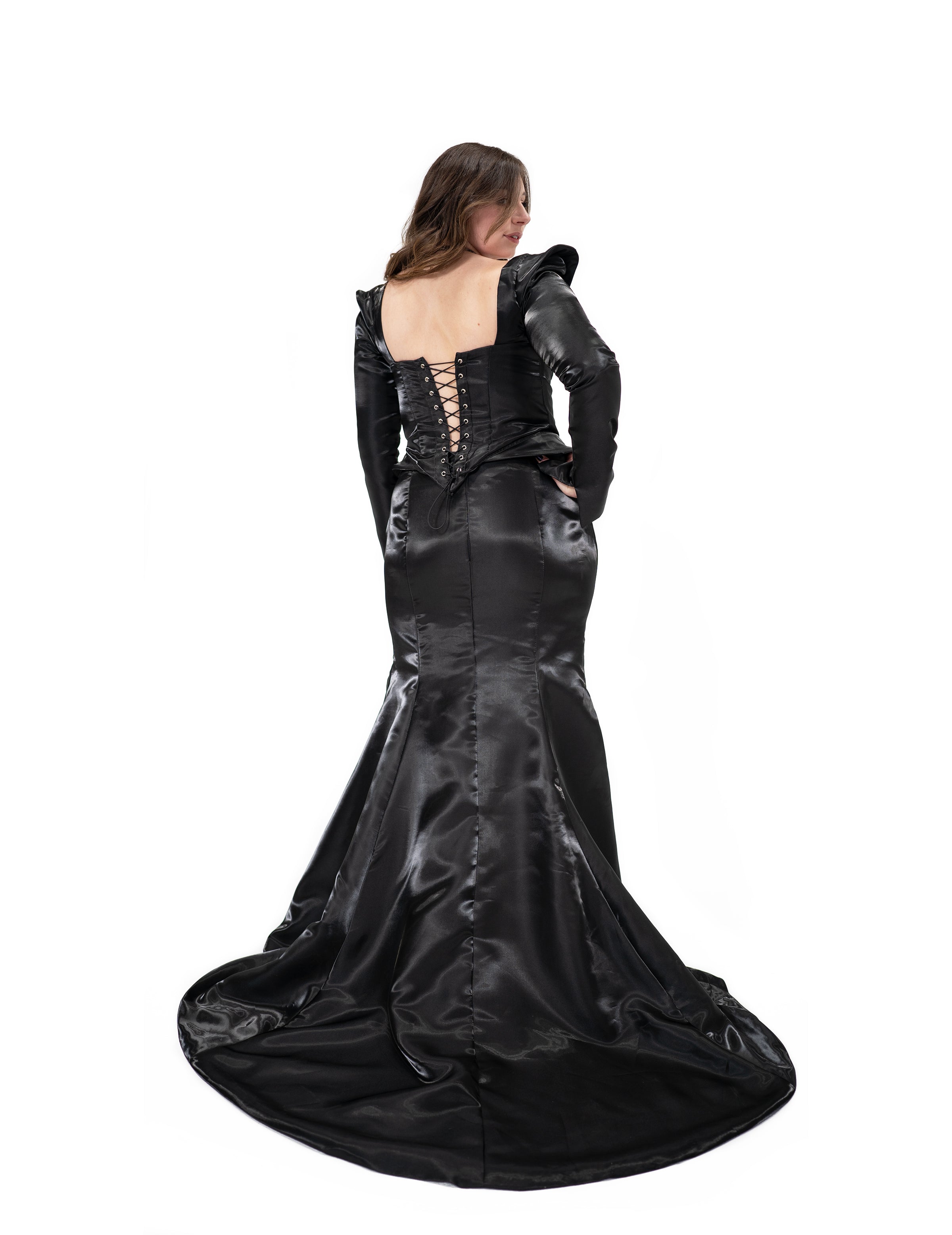 black liquid satin gown back view two piece corset