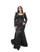 black liquid satin venom dress front view two piece gown