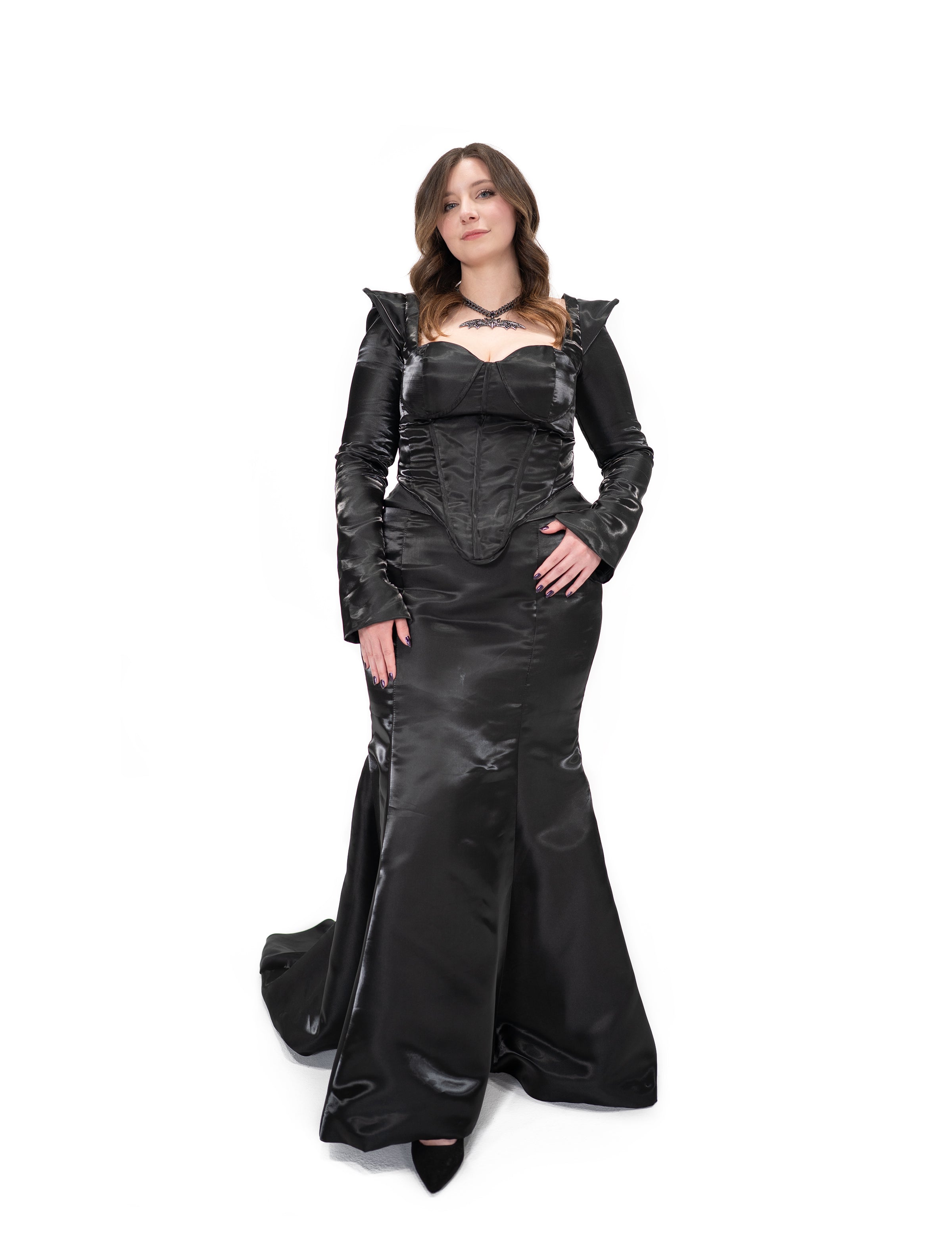 black liquid satin venom dress front view two piece gown