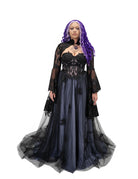 Front view of the violet alternative bridal gown styled with a sheer black lace bolero and bell sleeves over a corset bodice.